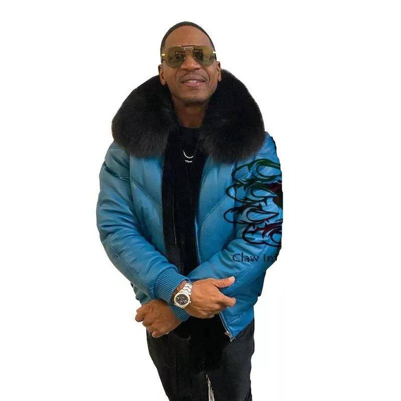 Chaqueta de cuero Bomber con cuello de piel de zorro Parkas ,Chaquetas y Cazadoras para Hombres Chaqueta de cuero Bomber con cuello de piel de zorro